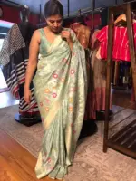Sea Green Tissue Silk Saree woven with Beautiful Shikargarh Motifs - Image 5