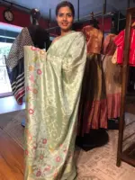 Sea Green Tissue Silk Saree woven with Beautiful Shikargarh Motifs - Image 4
