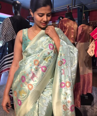 Sea Green Tissue Silk Saree woven with Beautiful Shikargarh Motifs