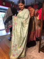 Sea Green Tissue Silk Saree woven with Beautiful Shikargarh Motifs - Image 3