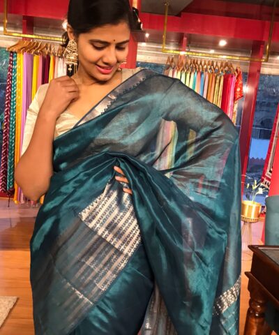 Ocean Blue Mangalagiri Silk Saree with Kanchi Silk Border