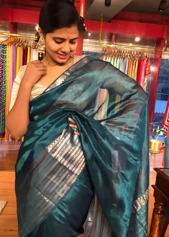 Ocean Blue Mangalagiri Silk Saree with Kanchi Silk Border