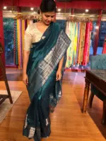 Ocean Blue Mangalagiri Silk Saree with Kanchi Silk Border - Image 4