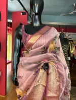 Lilac Pure Organza Silk Saree with Gold Zari Weaves