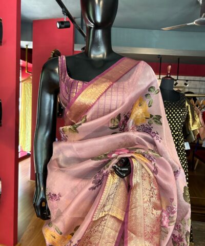 Lilac Pure Organza Silk Saree with Gold Zari Weaves