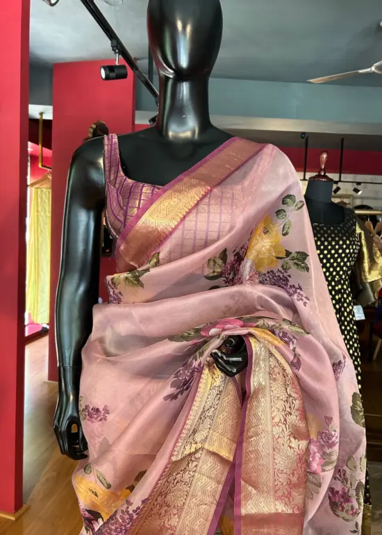 Lilac Pure Organza Silk Saree with Gold Zari Weaves