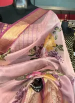 Lilac Pure Organza Silk Saree with Gold Zari Weaves - Image 5