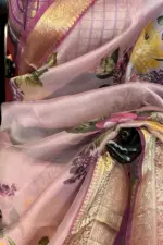 Lilac Pure Organza Silk Saree with Gold Zari Weaves - Image 6