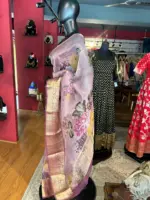 Lilac Pure Organza Silk Saree with Gold Zari Weaves - Image 2