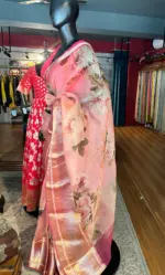 Peach Pure Organza Silk Saree with Gold Zari Weaves - Image 2