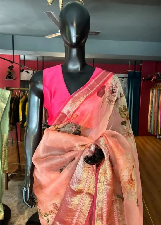 Peach Pure Organza Silk Saree with Gold Zari Weaves