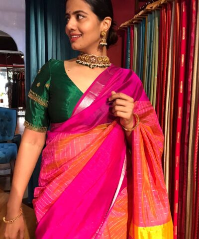 Pink Mangalagiri Silk Saree in Silver Zari Chequered Pattern