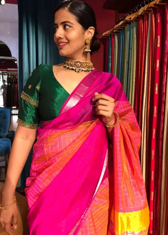 Pink Mangalagiri Silk Saree in Silver Zari Chequered Pattern