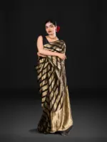 Molten Gold Tissue Organza Silk Saree woven in Leheriya Pattern - Image 5