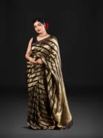 Molten Gold Tissue Organza Silk Saree woven in Leheriya Pattern - Image 4