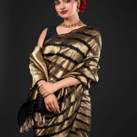 Molten Gold Tissue Organza Silk Saree woven in Leheriya Pattern