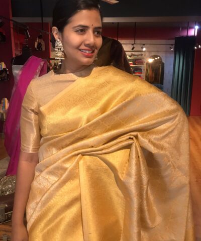 Peach Silk Saree with Gold and Silver Zari Weaves