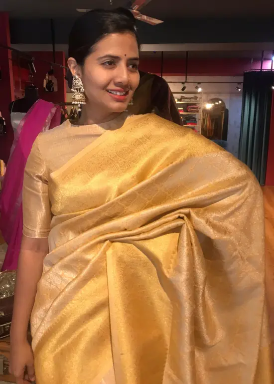 Peach Silk Saree with Gold and Silver Zari Weaves