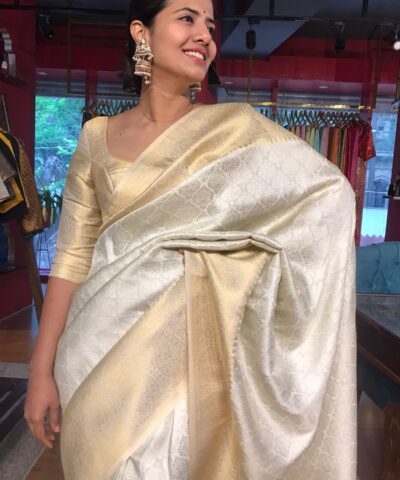 Offwhite Banarasi Silk Saree with Gold and Silver Zari Weaves