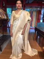 Offwhite Banarasi Silk Saree with Gold and Silver Zari Weaves - Image 5