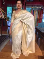 Offwhite Banarasi Silk Saree with Gold and Silver Zari Weaves - Image 4