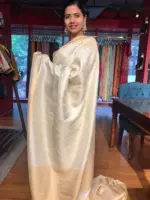 Offwhite Banarasi Silk Saree with Gold and Silver Zari Weaves - Image 2