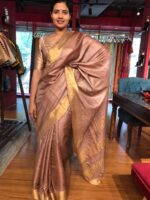 Dusty Rose Pure Tussar Silk Saree highlighted with Gold Zari Border - Image 2