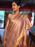 Dusty Rose Pure Tussar Silk Saree highlighted with Gold Zari Border - Image 4