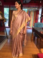 Dusty Rose Pure Tussar Silk Saree highlighted with Gold Zari Border - Image 3
