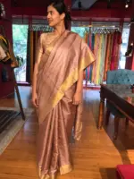 Dusty Rose Pure Tussar Silk Saree highlighted with Gold Zari Border - Image 3