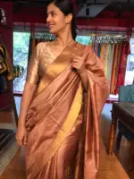 Nude Brown Pure Tussar Silk Saree highlighted with Gold Zari Border