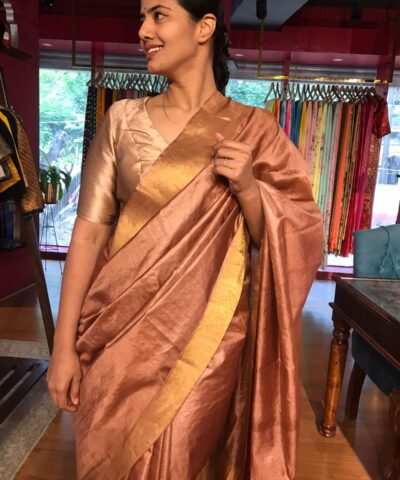 Nude Brown Pure Tussar Silk Saree highlighted with Gold Zari Border