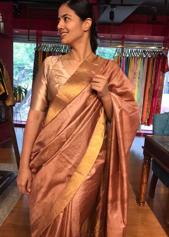 Nude Brown Pure Tussar Silk Saree highlighted with Gold Zari Border