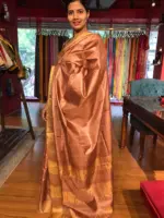 Nude Brown Pure Tussar Silk Saree highlighted with Gold Zari Border - Image 2