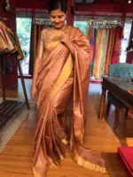 Nude Brown Pure Tussar Silk Saree highlighted with Gold Zari Border - Image 4