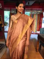 Nude Brown Pure Tussar Silk Saree highlighted with Gold Zari Border - Image 3