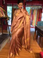 Nude Brown Pure Tussar Silk Saree highlighted with Gold Zari Border - Image 5