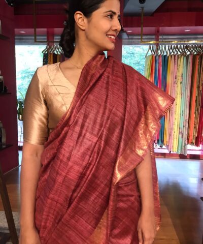 Earthy Maroon Handwoven Tussar Silk Saree