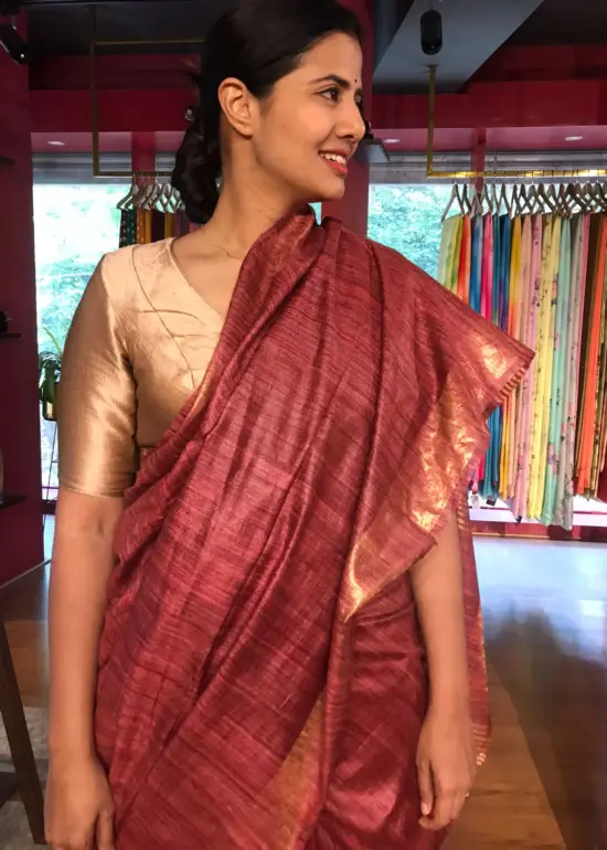 Earthy Maroon Handwoven Tussar Silk Saree