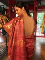 Earthy Maroon Handwoven Tussar Silk Saree - Image 5