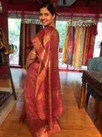 Earthy Maroon Handwoven Tussar Silk Saree - Image 3