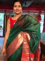Bottle Green Pure Mangalagiri Silk Saree with Kanchi Zari Border - Image 5