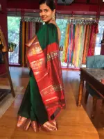 Bottle Green Pure Mangalagiri Silk Saree with Kanchi Zari Border - Image 3
