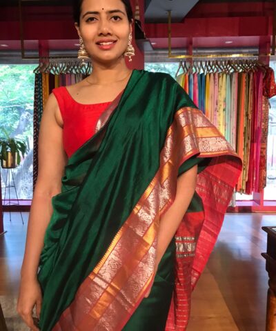 Bottle Green Pure Mangalagiri Silk Saree with Kanchi Zari Border