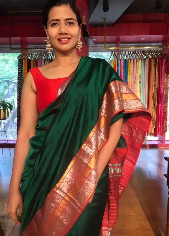 Bottle Green Pure Mangalagiri Silk Saree with Kanchi Zari Border