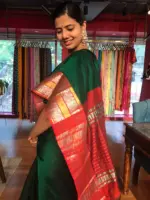 Bottle Green Pure Mangalagiri Silk Saree with Kanchi Zari Border - Image 4