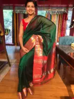 Bottle Green Pure Mangalagiri Silk Saree with Kanchi Zari Border - Image 2