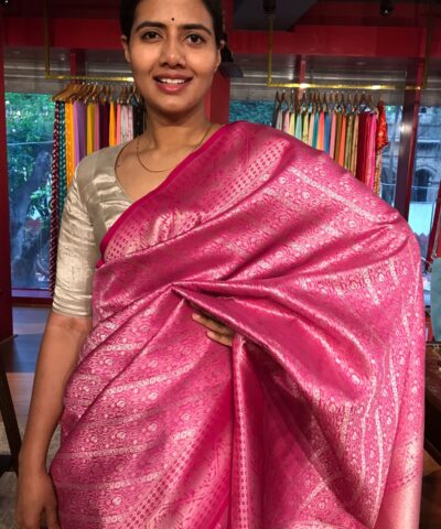 Lotus Pink Banarasi Silk Saree highlighted with Silver Zari Weaves