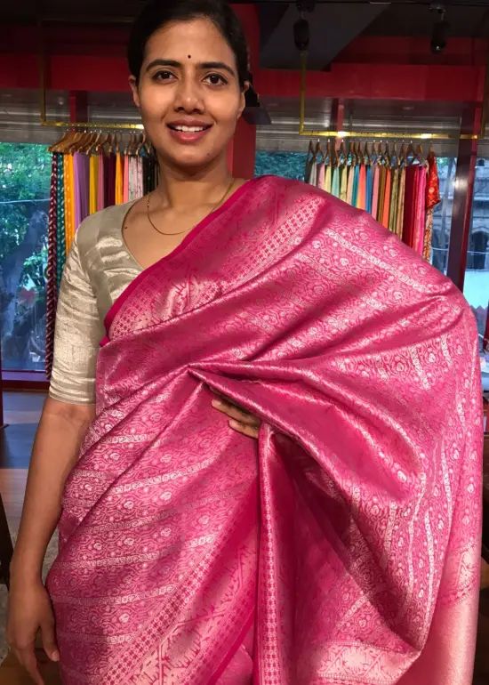 Lotus Pink Banarasi Silk Saree highlighted with Silver Zari Weaves