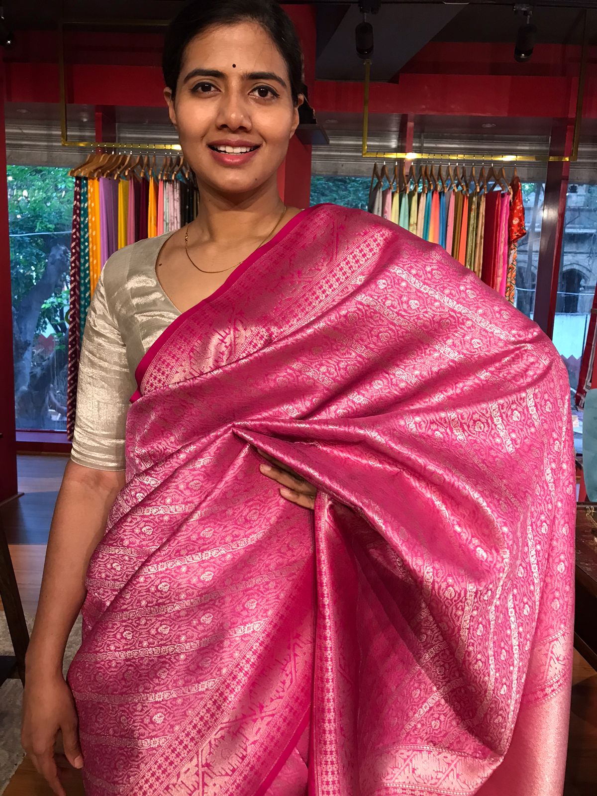 Buy Lotus Pink Banarasi Silk Saree highlighted with Silver Zari Weaves Online Mirra Clothing